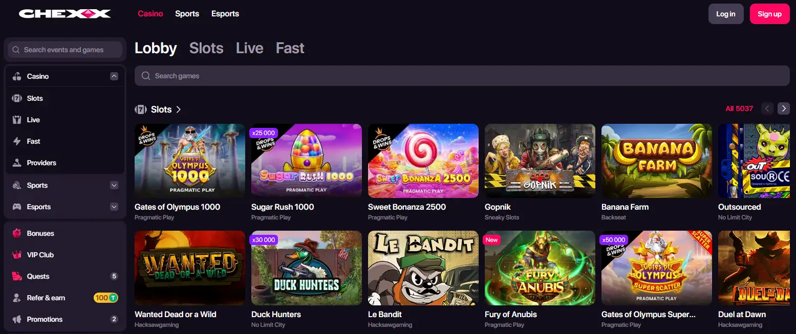 CHEXX game lobby showing casino categories and providers